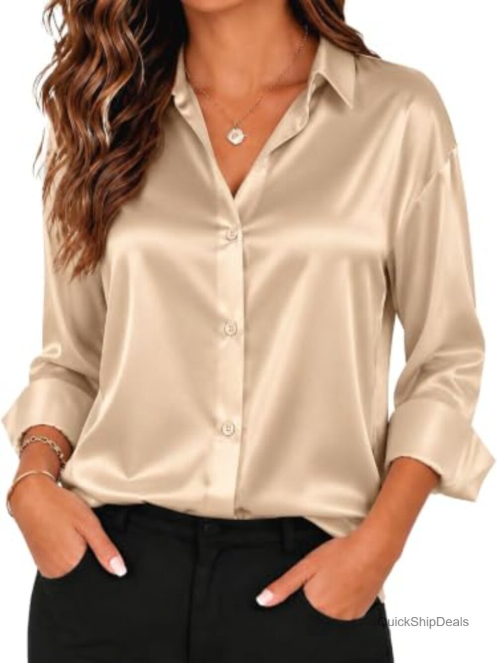 Women Satin Silk Long Sleeve Button Down Shirt Loose Work Blouse Tunic